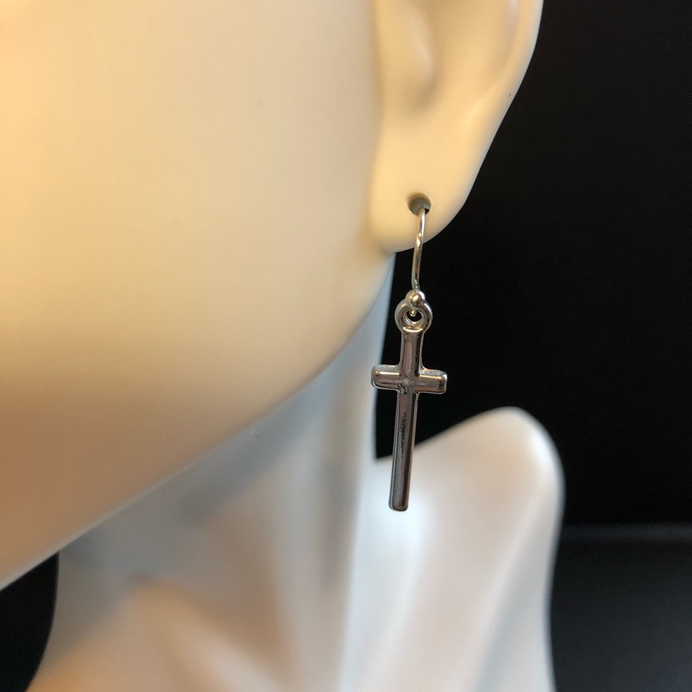 Silver long cross earrings